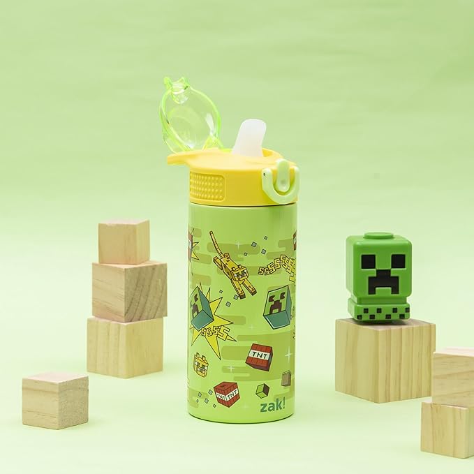 Zak Designs Minecraft Sage Kids Water Bottle For School or Travel, 14oz Stainless Steel Water Bottle With Straw, Handle, and Leak-Proof, Pop-Up Spout Cover (Creeper)