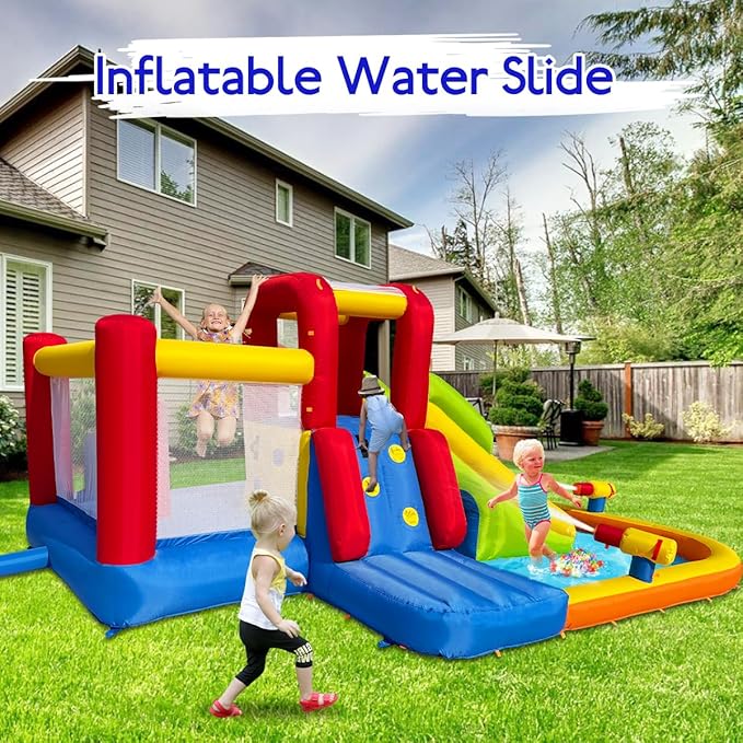 Bounce House Inflatable Water Slide for Kids, Water Park With Splash Pool, Double Cannon, 2 Climbing Walls, Obstacles, Blow Up Jumping Castle With Blower