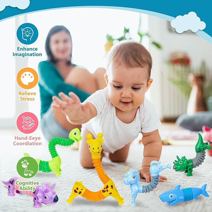 Animal Pop Tubes Fidget Toys 10PCS, Sensory Toys for Autism & Stress Relief, Travel Toys for Car and Airplane, Christmas Stocking Stuffers for Kids & Toddlers