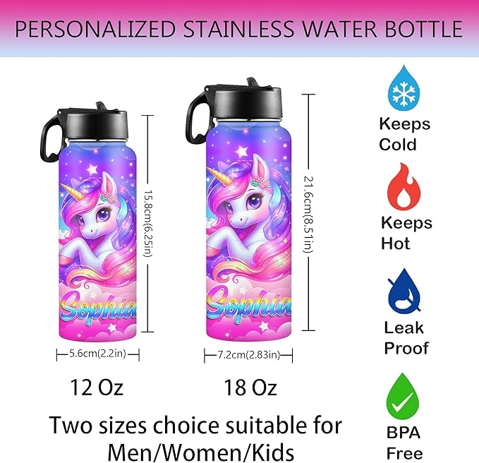 M YESCUSTOM Personalized Water Bottles for Kids with Straw Lid Custom Sports Water Bottle for School Personalized Names Stainless Steel Double Wall Insulated Cup Customized Gifts for Boy Girl Style19