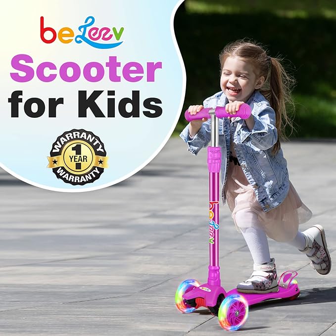 BELEEV Scooters for Kids 3 Wheel Kick Scooter for Toddlers Girls Boys, 4 Adjustable Height, Lean to Steer, Light up Wheels, Extra-Wide Deck, Easy to Assemble for Children Ages 3-12 (Rose Pink)