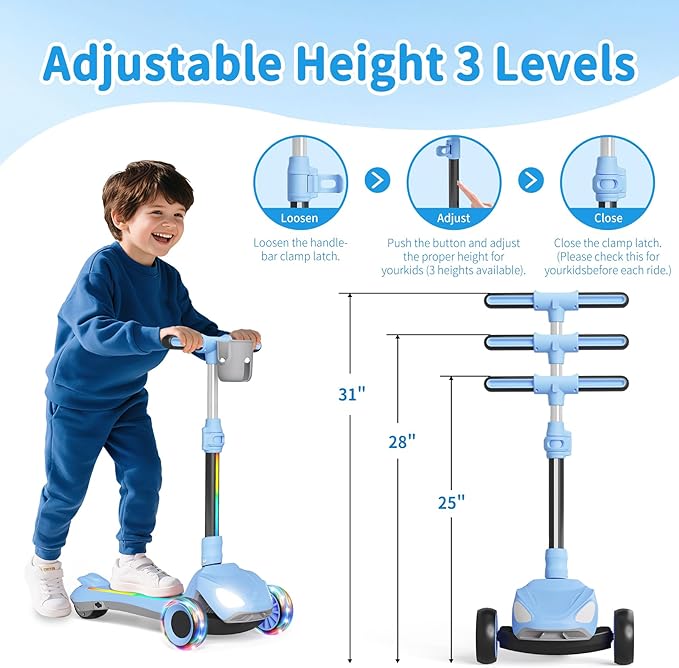 Electric Scooter for Kids with 3 LED Lighted Wheels, Adjustable Height & Lean-to-Steer, Anti-Slip Deck with Lights, Easy-Fold Mechanism, Balance Scooter for Kids,Toddlers