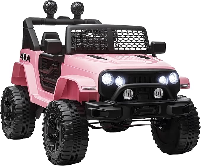 Aosom 12V Kids Ride On Truck with Parent Remote Control, Battery Powered Electric Car with Spring Suspension, Adjustable Speed, LED Lights and Horn, Pink