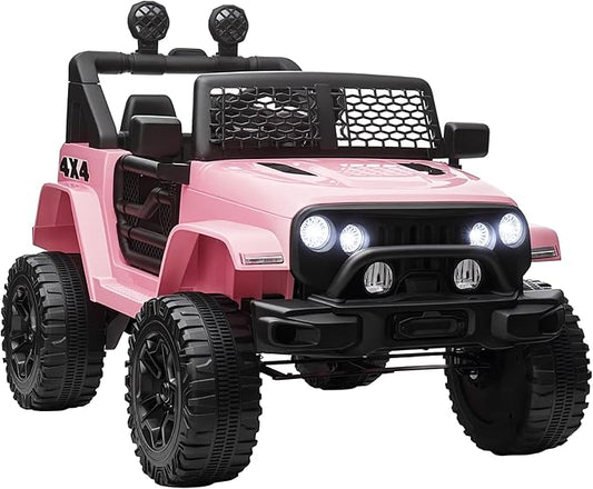 Aosom 12V Kids Ride On Truck with Parent Remote Control, Battery Powered Electric Car with Spring Suspension, Adjustable Speed, LED Lights and Horn, Pink