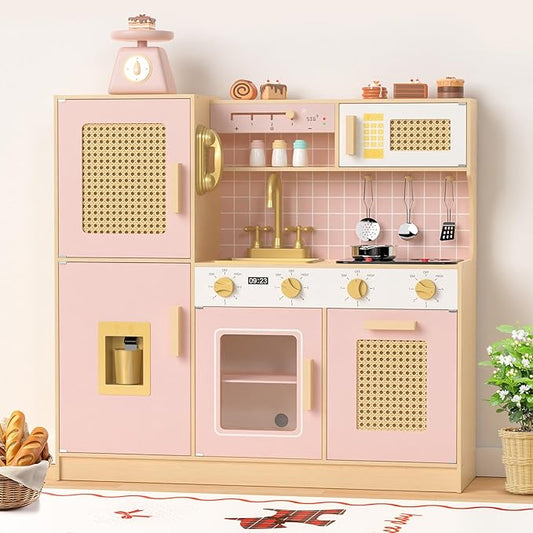 Babytronic Wooden Kitchen Playset for Kids - Pink Pretend Play Kitchen with Lights & Sounds, Retro Style Toy Kitchen for Toddlers Ages 3+, Wooden Play Kitchen Set with Realistic Design (Pink)