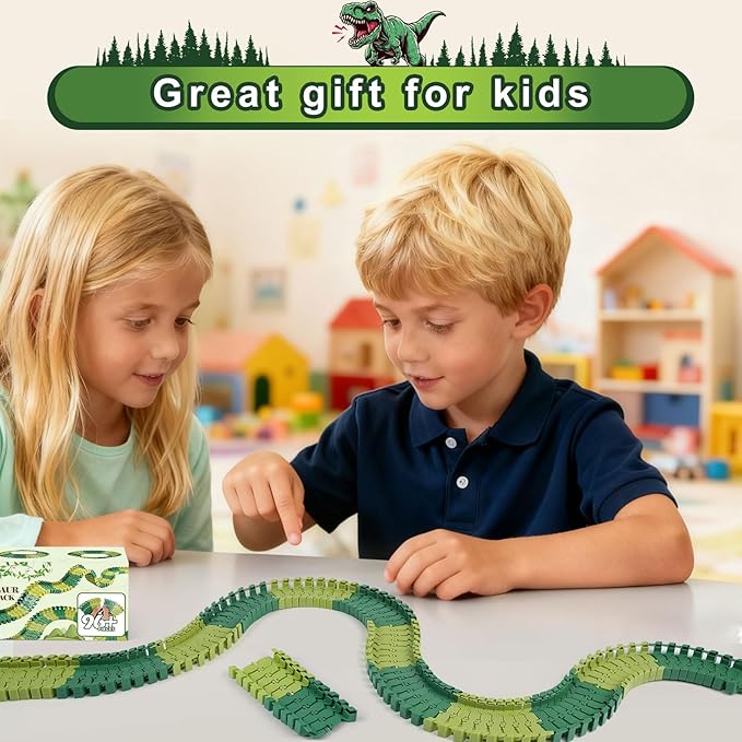 96 Pcs Dinosaur Flexible Track Expansion Kit for Kids - Birthday Gift for 3-5 5-7 Year Old Boys, Compatible with Most Dino Race Car Toys, Add-On Accessories for Building Track Sets