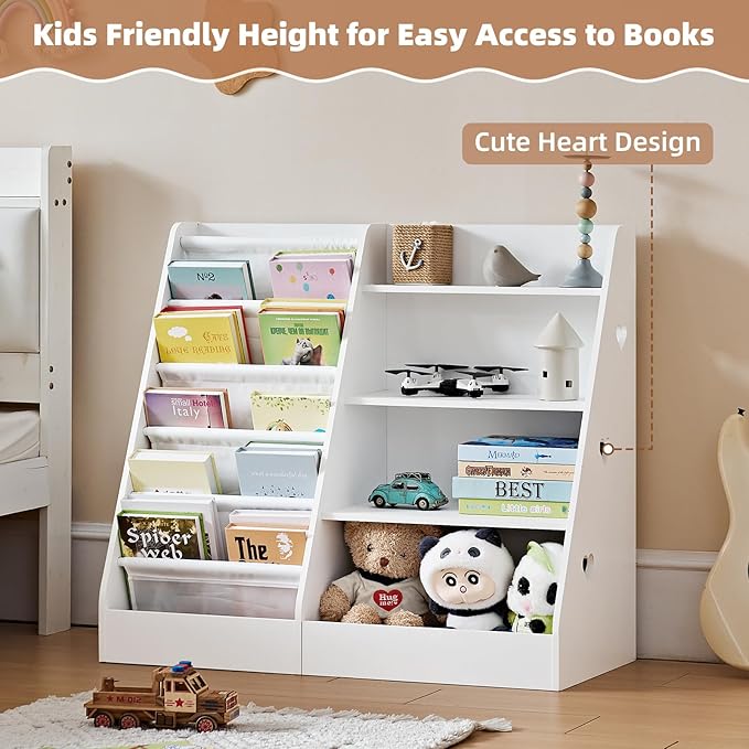 Lerliuo 4 Tier Kids Bookshelf and Storage Organizer, Five Layer Sling Children Bookcase, Baby Toddler Wooden Book Shelf, Display Cabinet for Playroom, Bedroom, Classroom, Nursery, School (White)