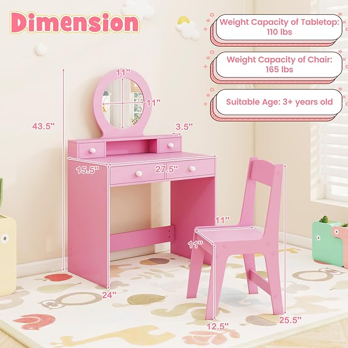 HONEY JOY Kids Vanity, Little Girls Vanity Set with Mirror and Stool, Drawers, Toddler Makeup Vanity Dressing Table, Wooden Pretend Play Kids Vanity Table and Chair Set (Pink)