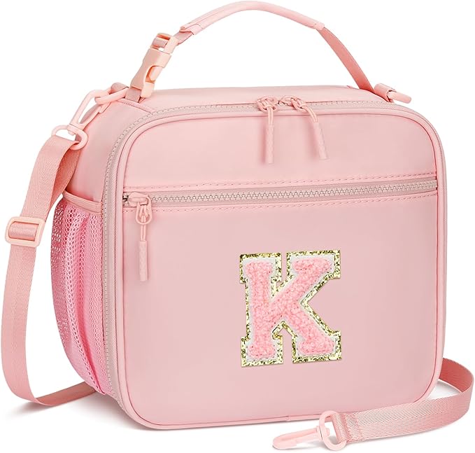 Kids Initial Lunch Bag, Reusable Insulated Lunch Box for Girls Toddlers, Back to School Gift, Leak-proof Cooler Bag for School Daycare Travel Picnic, Pink-K