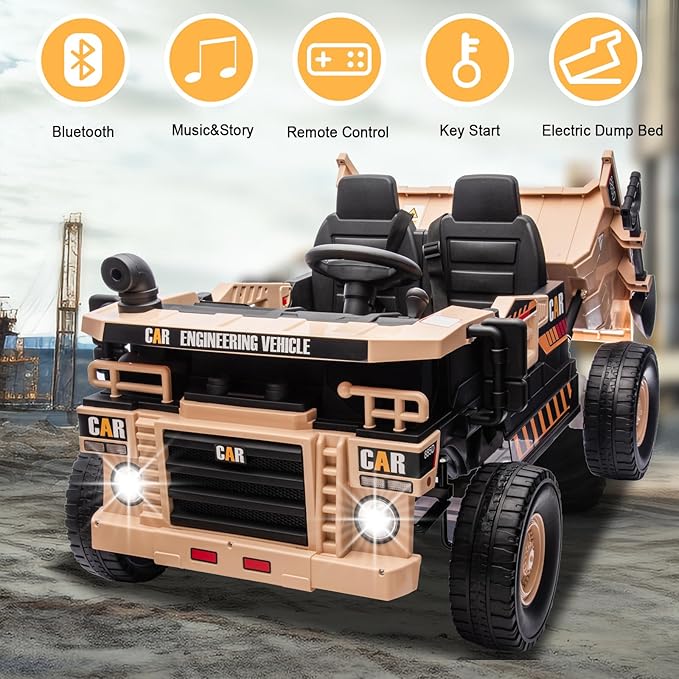 24V 4WD 2-Seater XL Kids Ride on Truck Electric Toy Car with Electric Dump Bed, Parents Remote Control Kids Car Tractor Toys Ride-on Dump Truck for Boys and Girls Ages 3+, Khaki