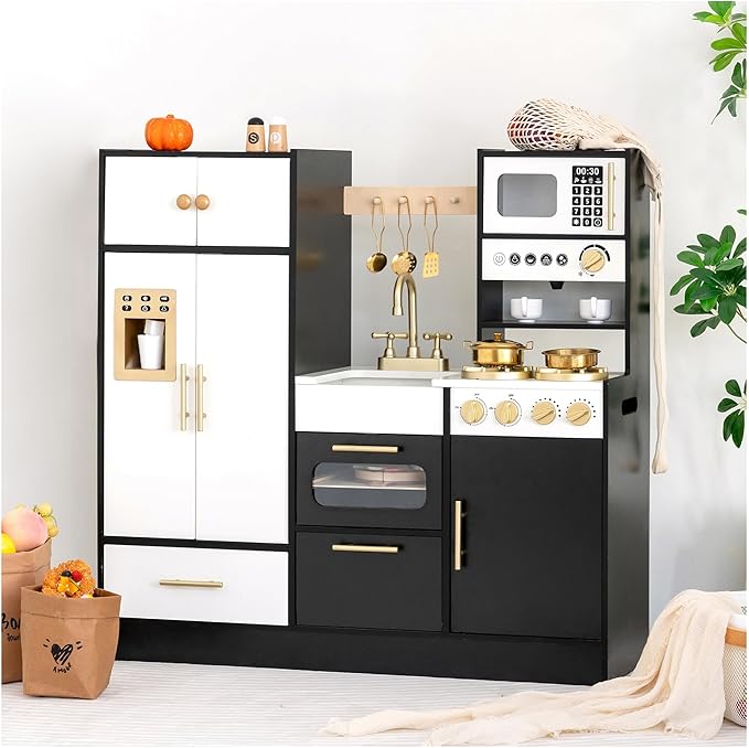 Wooden Play Kitchen Set for Kids – Interactive Pretend Toddler Kitchen Playset with 12 Kitchen Toy Accessories, Perfect for Ages 3+