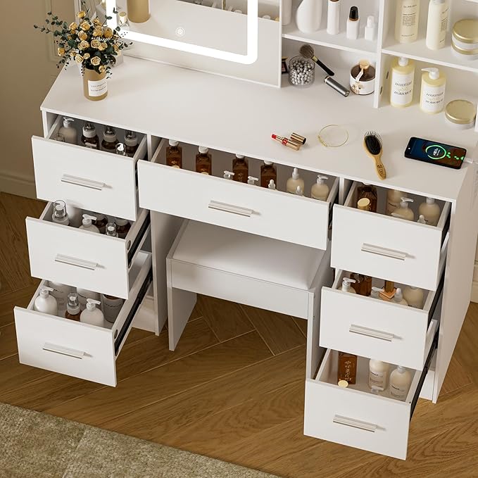 Vanity Desk with Sliding Mirror and Lights, 39.4''W White Vanity Desk with Lighted Mirror, Drawers, 3-Mode Lights, Adjustable Brightness, Makeup Vanity Dressing Table for Bedroom, Girls, Women Gifts