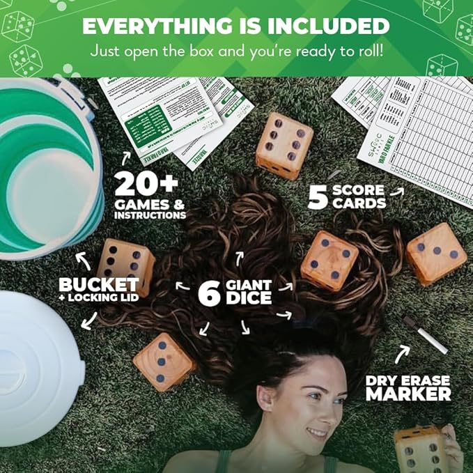 SWOOC Yardzee, Farkle & 20+ Games - Light-Weight Yard Dice Game Set (All Weather) with Collapsible Bucket, 5 Big Laminated Score Cards, and Marker (Choose 2.5in or 3.5in Dice) Yard Games