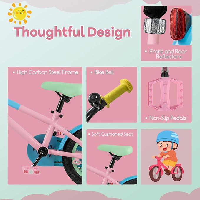 BABY JOY Colorful Macarons Kids Bike, 12 14 16 18 Inch Sporty Children's Bicycle with Training Wheels, Adjustable Handlebar & Saddle, Handbrake & Coaster Brake, Boys Girls Bike for 3-8 Years Old