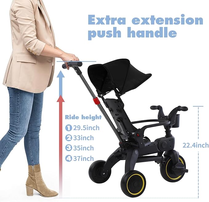 5-in-1 Compact, Foldable Tricycle - Suitable for Toddlers 10 to 36 Months Push Tricycle Bike for Toddlers with Removable Handle Seat Adjustable Canopy for Kids