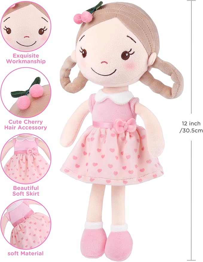 GAGAKU Soft Plush Baby Doll for Girls (12") - My First Baby Doll Gift for Girls, Toddlers & Infants, Machine Washable Rag Doll Toy - Cherry Girl