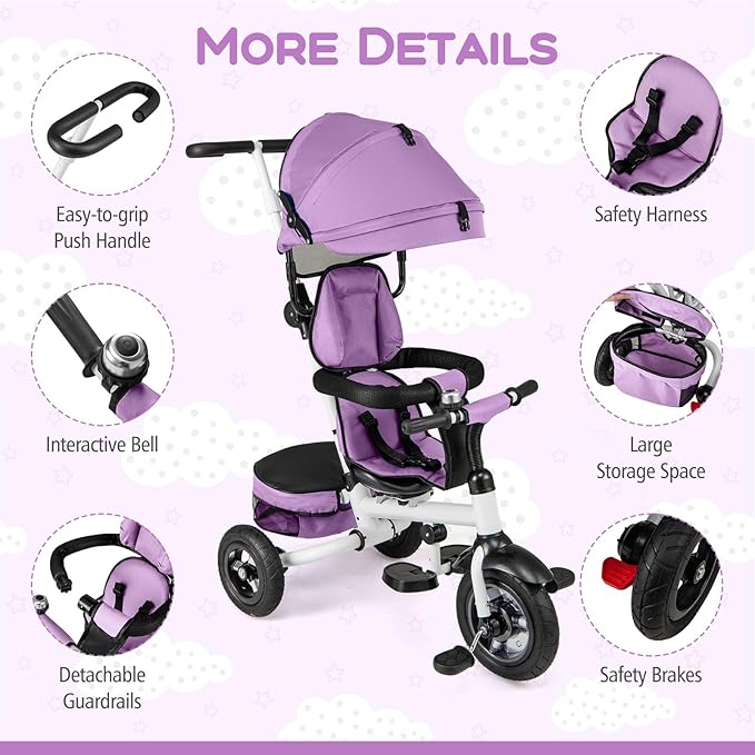 Costzon 5-in-1 Folding Kids Tricycle with Adjustable Push Handle & Canopy, Reversible Seat and Safety Harness, Push Trike with Storage for Toddler Aged 1-5 Years Old, Blue/Gray/Pink