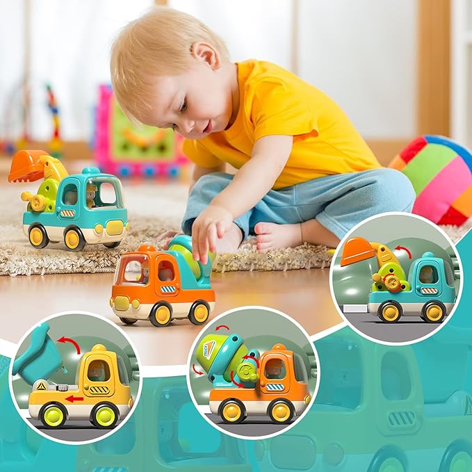 Baby Toys Push Cars for 1 2 3 Year Old Friction Powered Construction 3 Pack Friction Vehicle Set Excavator Dumper Cement Mixer Truck Lights and Musial Toys Birthday Gifts for Toddlers 1-3