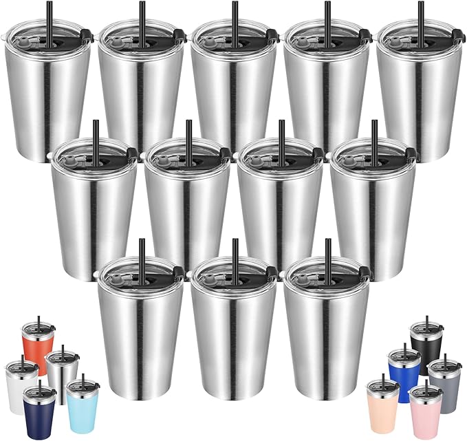 VEGOND 12oz Tumbler Stainless Steel Tumbler bulk Vacuum Insulated Double Wall Travel Tumbler with Lid and Straw Reusable Tumbler, Stainless 12 Pack