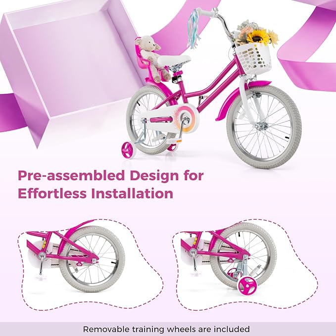 BABY JOY Kids Bike, 12 14 16 18 Inch Children Bicycle w/Detachable Training Wheels, Storage Basket, Adjustable Seat & Handlebar, Bow or Streamer, Girls Bike for 3-8 Years Old