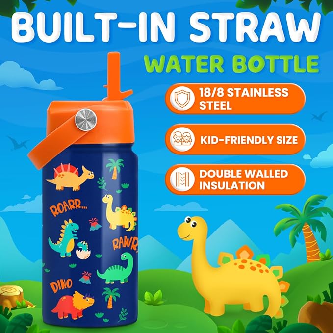 Dinosaur Water Bottle for Boys - Kids Water Bottle with Straw Lid - 12 Oz Insulated Stainless Steel Water Bottles for Kid - Travel Cup for School Sports