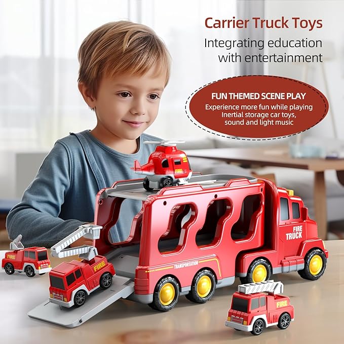 5 in 1 Fire Truck Cars for Toddlers 3-5, Boy Car Truck Toys with Light Sound, Birthday Gifts for 3 4 5 6 Year Old Boy