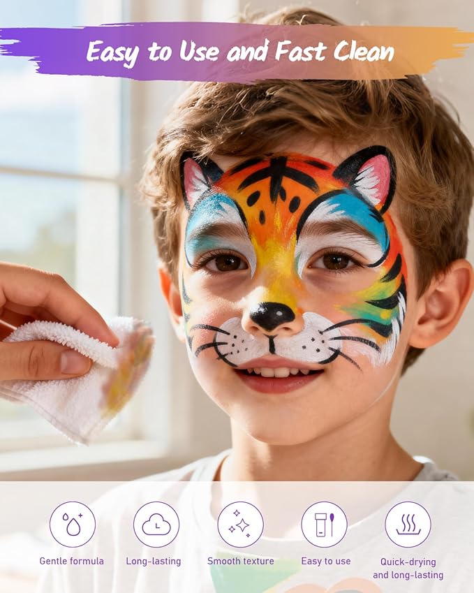 Face Painting Kit for Kids, 50 Colors Water Activated Face Paint Kit, Non-Toxic Professional Makeup Palette with Stencils, Gems, Brushes, Hair Dye Comb & Bucket for Kids Parties & Christmas