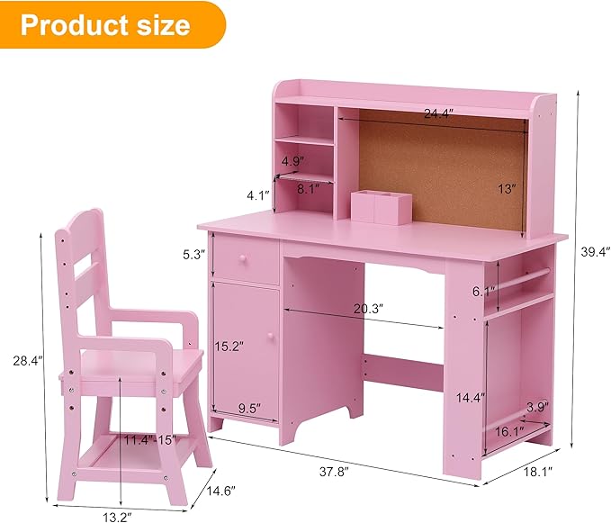 Garvee Kids Desk, Study Desk and Chair Set for Boys and Girl, Wooden Kids Writing Table with Bookshelf, Bulletin Board, Cabinet and Drawer for Ages 3-8, Pink