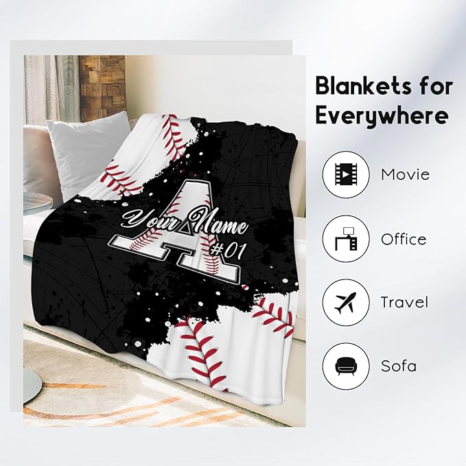 Personalized Baseball Blanket - Custom Initial Name Gifts for Boys - Soft Sports Flannel Throw for Adults - 60x80 Inches Large Blanket - Cool Ideas Decoration for Baseball Lovers