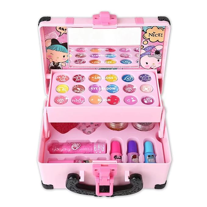 Pongnas Girls Makeup Kit Kids Cosmetics Play Set with 6 Lip Gloss 6 Eye Shadow 6 Cheek Cream 3 Nail Polish Travel Safe Washable Real Makeup for Little Girls