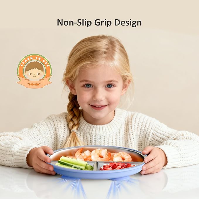 Stainless Steel Suction Plates for Toddlers, 9" Divided Kids Baby Plates with Removable Silicone Suction, Non Toxic Non Slip Portion Control Snack Dishes 3 Packs, Blue Gray Blush
