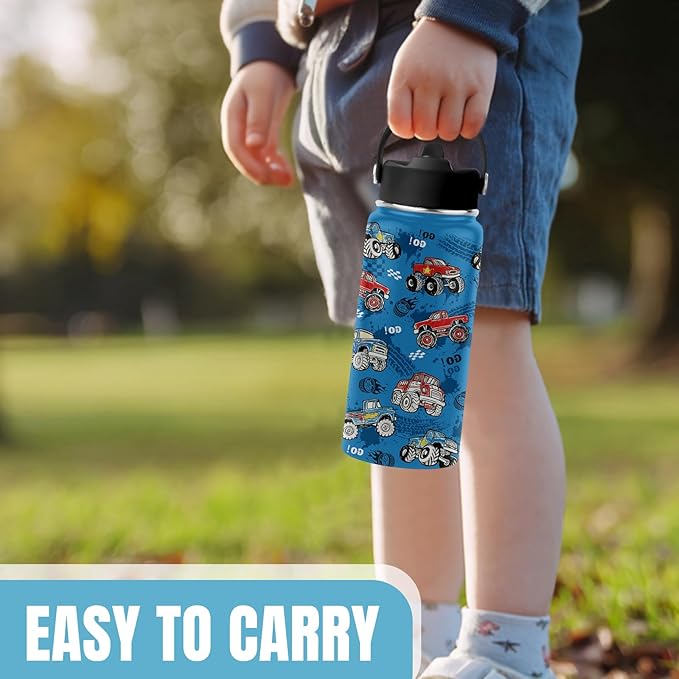 Trucks Gifts for Boy Truck Lovers, 16 oz Water Bottles with Straw Lid, Stainless Steel Insulated Tumbler, Truck Cup Gifts for Birthday Christmas