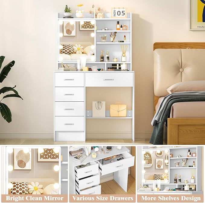Small Vanity Desk with Sliding Mirror and Lights, White Makeup Vanity Desk with 3-Color Light Adjustable Brightness, 4 Drawers & Open Shelves, Vanity Desk for Bedroom, Girls & Women H3325