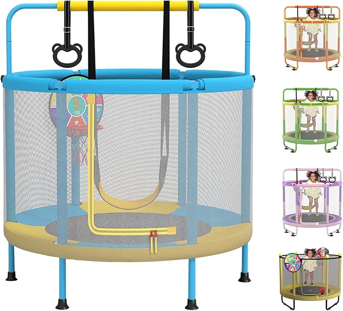 LANGXUN 60" Trampoline for Kids, 5ft Toddler Mini 6-in-1 Trampoline Indoor Outdoor with Swing, Basketball Hoop, Dart Board, Rings, Christmas Toys Birthday Gifts for Girls Boys