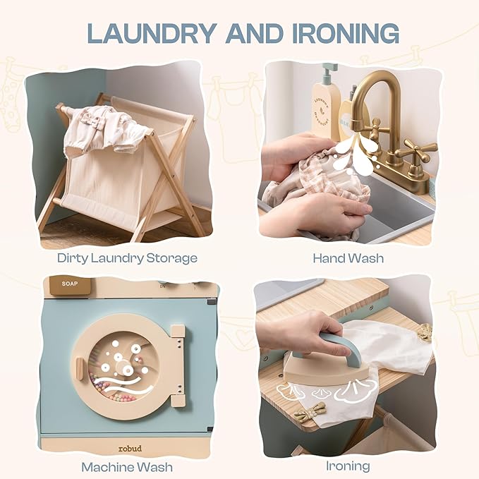 ROBOTIME Toy Kitchen Washer Playset, Wooden Toy Washing Machine for Kids with Clothes Basket, Iron and Sink, Pretend Toddlers Kitchen Toy with Accessories for Ages 3+