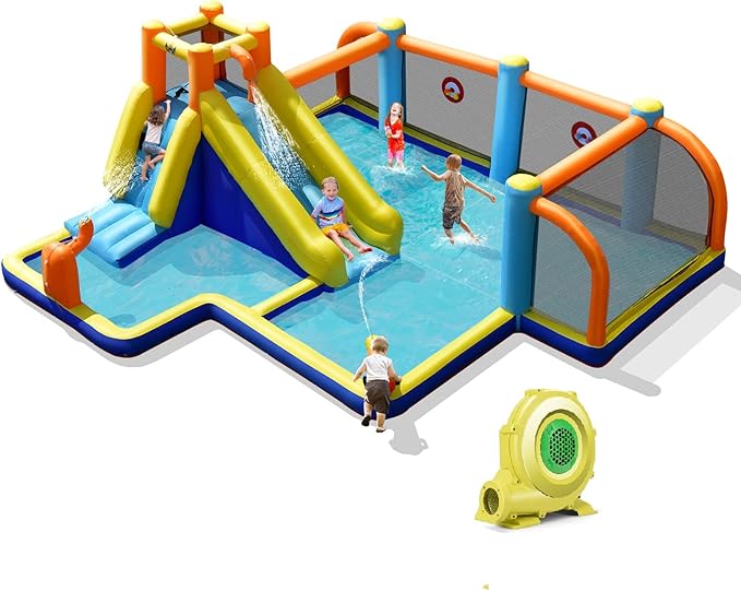 BOUNTECH Inflatable Water Slide, Kids Water Park Jump Castle Water Soccer with Dual Cannons, Splash Pool, Water Slides Inflatables for Kids Outdoor, Backyard Party Water Slide Bounce House with Blower