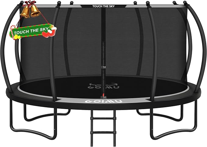 10FT 12FT 14FT 16FTOutdoor Recreational Trampoline with Enclosure Net, Bolt-Free Design Yard Trampoline with Wide Ladder and AntiRust Coating, 2 in 1 Connector for Kids Adults, ASTM Approval