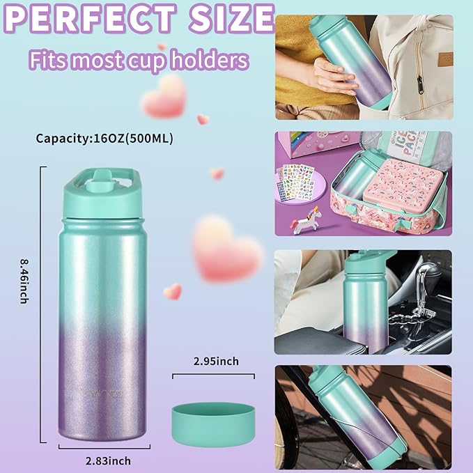 mininoo Girls Water Bottle for School, 16oz Stainless Steel Insulated Metal Water Bottle with Straw Lid for Boys (Aurora)