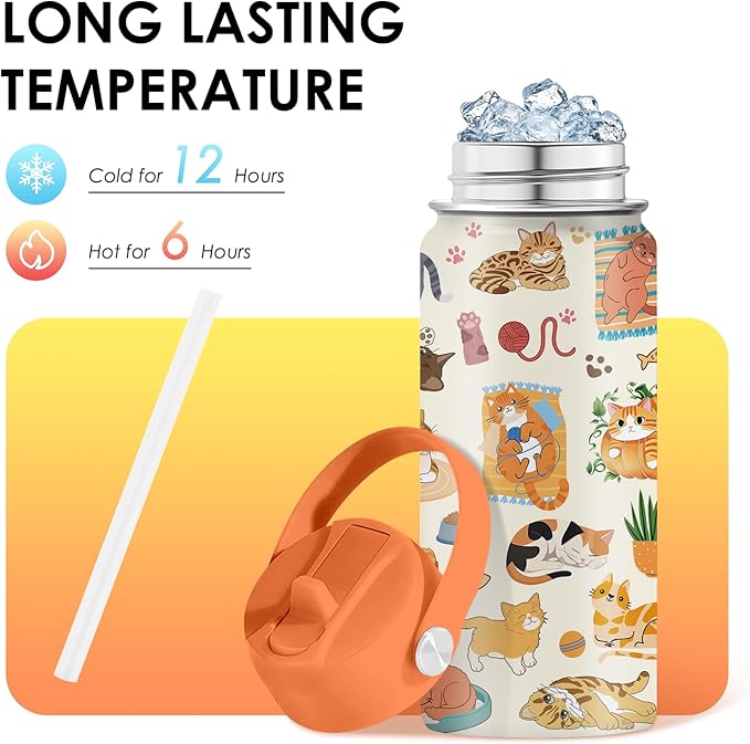 Cat Gifts for Kids - 16 Oz Orange Cat Water Bottle with Straw Lid, Stainless Steel Insulated Tumbler, Leak Proof, for Boys & Girls, School, Travel - Funny Cats Lovers Children Birthday Gifts Cups(1pc)