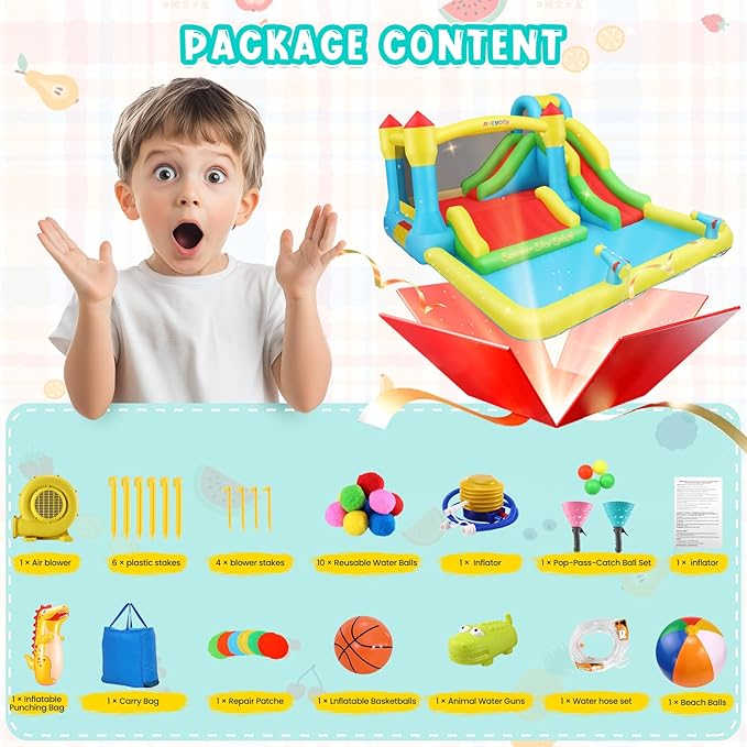 AKEYDIY Bounce House Water Slide, Inflatable Water Slide Park with with Long Slide, Pool, Climbing Wall, Water Gun for Outdoor, Blow up Water Slides Bounce House Castle for Kids Backyard Party Gifts