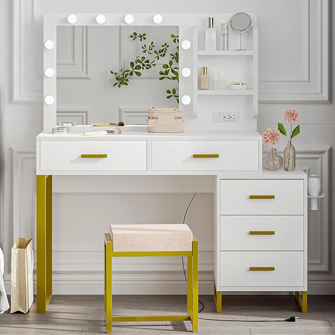 Makeup Vanity Desk with Mirror and Lights,White Vanity with Power Outlet,Makeup Vanity Table with 5 Drawers and Chair Set,3 Color Modes Available