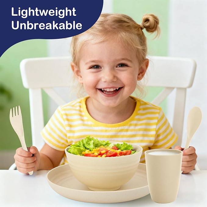 Kitchen Wheat Straw Dinnerware Sets for 4, Unbreakable Kids Dish Set 20 PCS - Dinner Plate/Cereal Bowl/Cup/Fork/Spoon, for Outdoor Camping, RV, Apartment Essentials - Beige