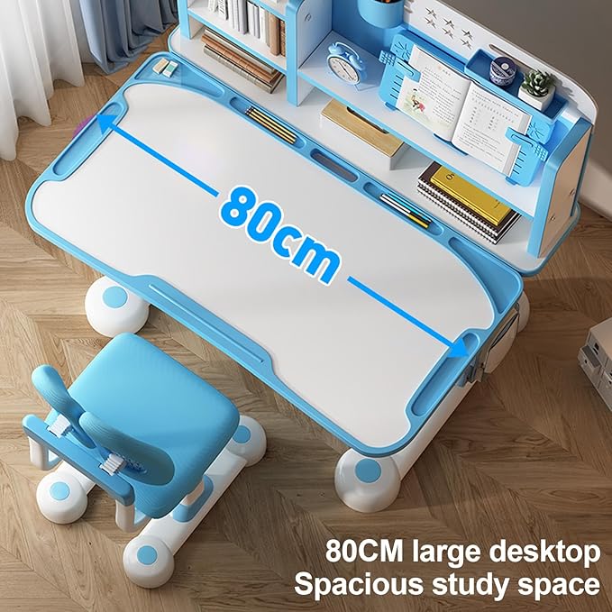 Upgraded Kid's Desk and Chair Set, Adjustable Children's Study Table with Bookshelf and Storage Drawer, 50-Degree Tiltable Desktop with Chair for Bedroom (BlueA 117cm)