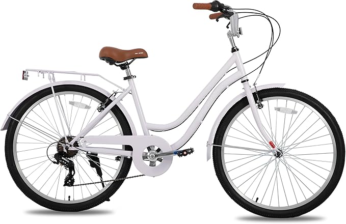 HILAND 26 inch Beach Cruiser Bike for Men and Women, 7 Speed Step-Through Frame Adult Bicycle with Rear Rack, Retrospec Bike Commuter City Bicycle