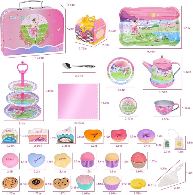Tea Party Set for Toddles 3-5,53PCS Musical Kids Tea Set for Little Girls with Dessert,Cookies,Doughnut,Cake,Cake Stand,Tablecloth & Carrying Case,Kitchen Pretend Play Toys for Girls Boys Age 3-6