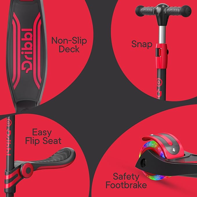 Black and Red 3 Wheel Scooter with Seat for Kids – Light-Up LED Wheels, Adjustable Handlebar and Seat, Smooth PU Wheels, Wide Anti-Slip Deck, Rear Foot Brake – Toddler Outdoor Toys for Ages 2+