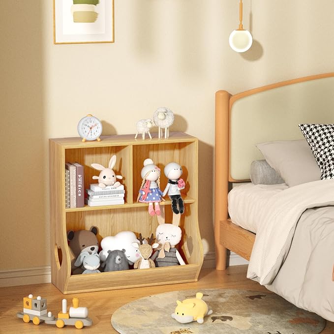 Lerliuo Baby Toddler Bookshelf and Storage Organizer, Kids Cabinet and Bookcase, Wooden 3 Cubby Children Book Shelf for Playroom, Bedroom, Nursery, School 23.62'' H (Natural)