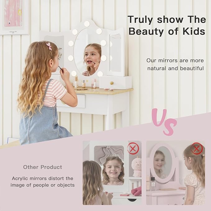 labebe Kids Vanity, Girls Vanity Desk with LED Changing Lights, Pretend Play Princess Vanity Set, Wooden Toddler Makeup Desk Dressing Table with Drawer and Chair (White)