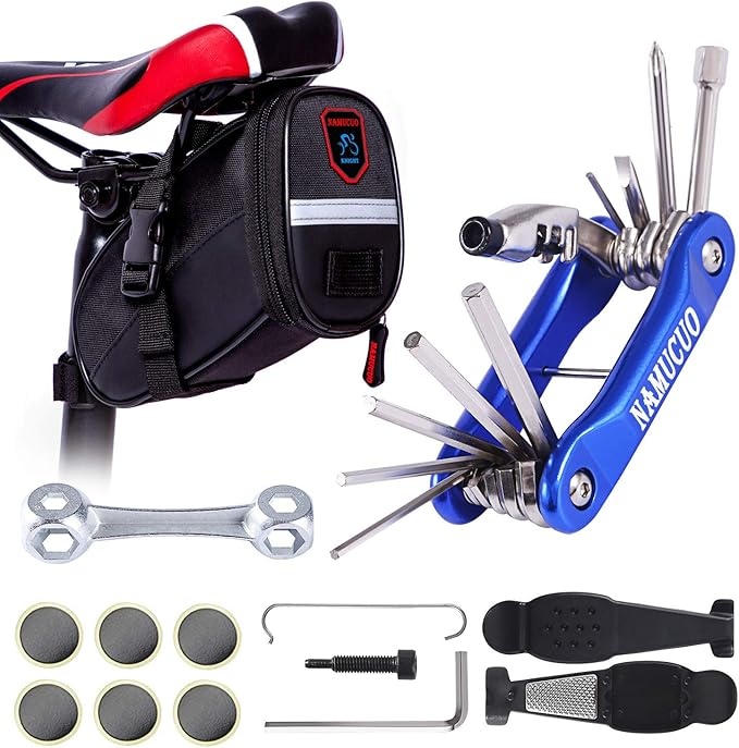 YBEKI 10-in-1 Bike Repair Kit with, 3-in-1 Tire Levers, Glueless Patches, Multifunctional Bone Wrench & Waterproof Saddle Bag | Compact Bicycle Multi-Tool Kit for Emergency Roadside Repairs
