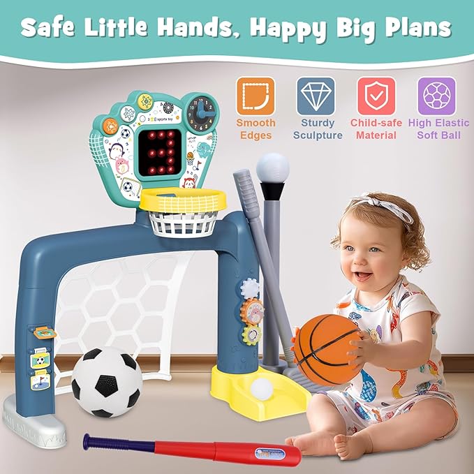 4 in 1 Adjustable Basketball Hoop Soccer Goal for Toddlers 1-3,Kids Sports Toys with Golf Baseball Toy,LED Scoreboard, Music & Educational Games,Indoor & Outdoor Baby Activity Center Age 18+M Boy Girl